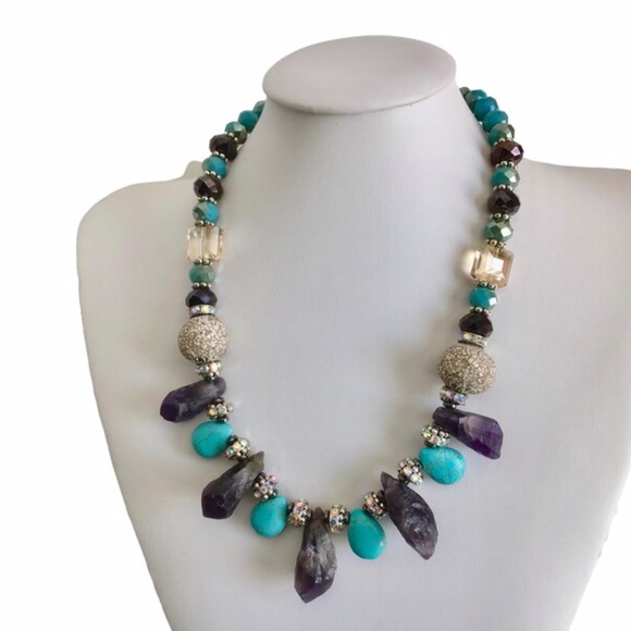 Rough Cut Amethyst Howlite Turquoise Statement Necklace - Picture 5 of 7